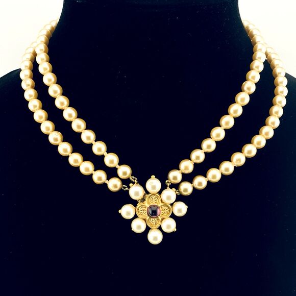 Renaissance Style Pearl Garnet Quatrefoil Necklace Hidden Clasp Vermeil - Picture 1 of 11